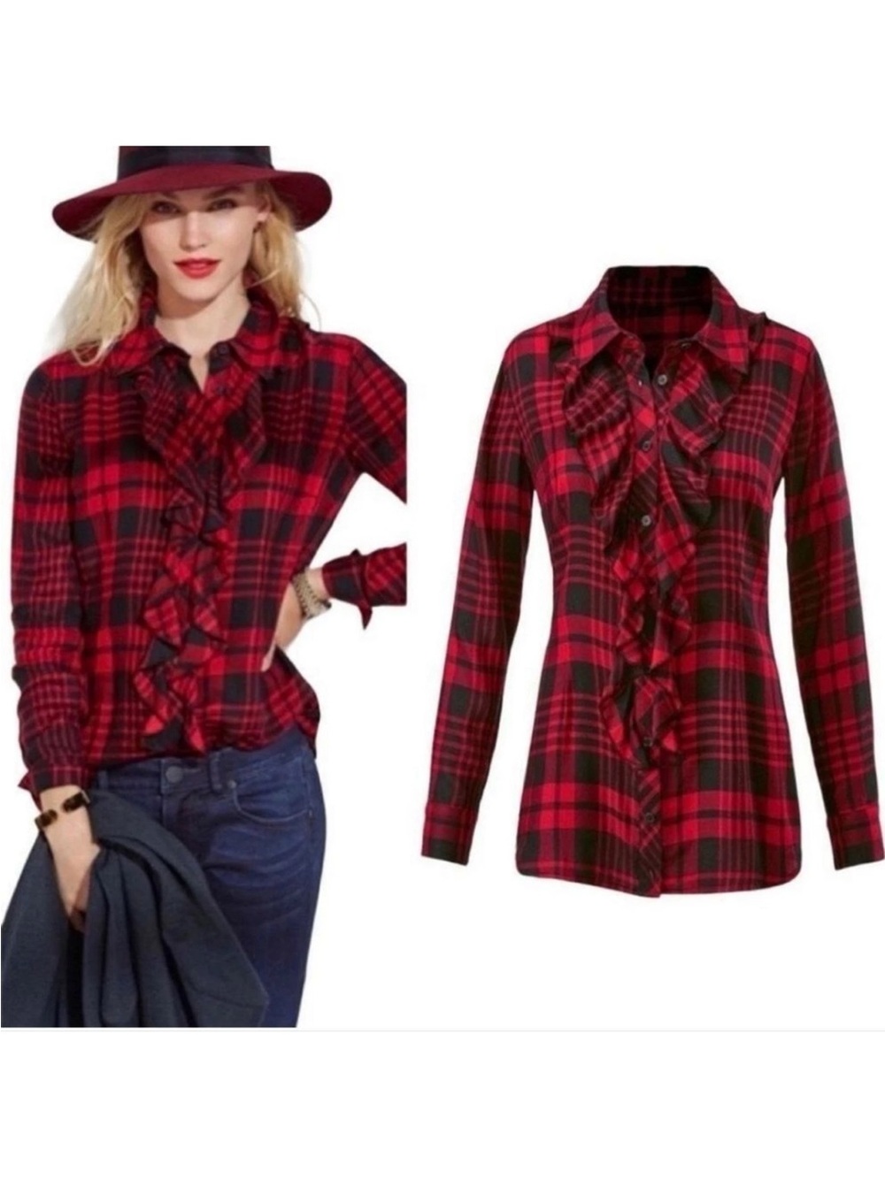Cabi 3335 Lodge Ruffle Plaid Button
Shirt Red Preppy Fall Cozy Size Small